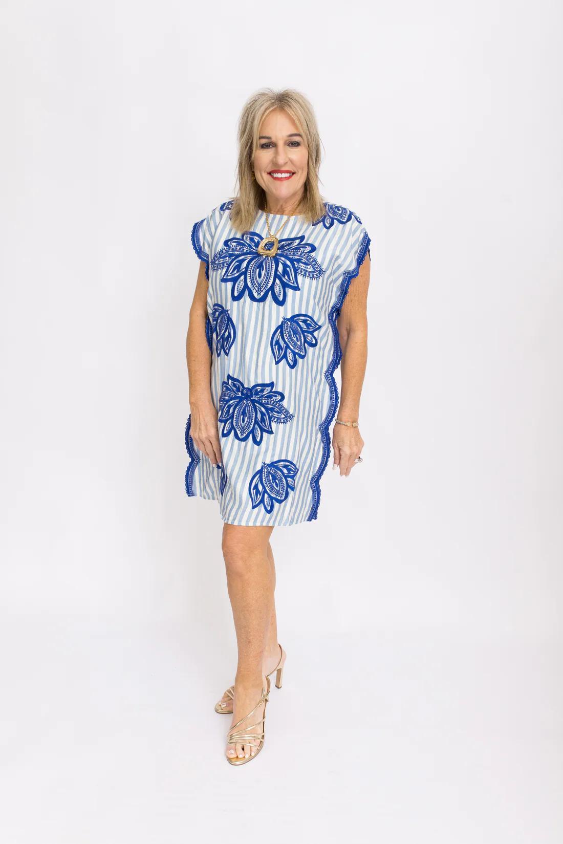 Short Sleeve Embroidery Detail Striped Dress