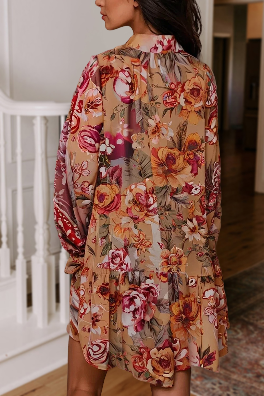 Vintage Floral Half Button Ruffle Mini Shirt Dress