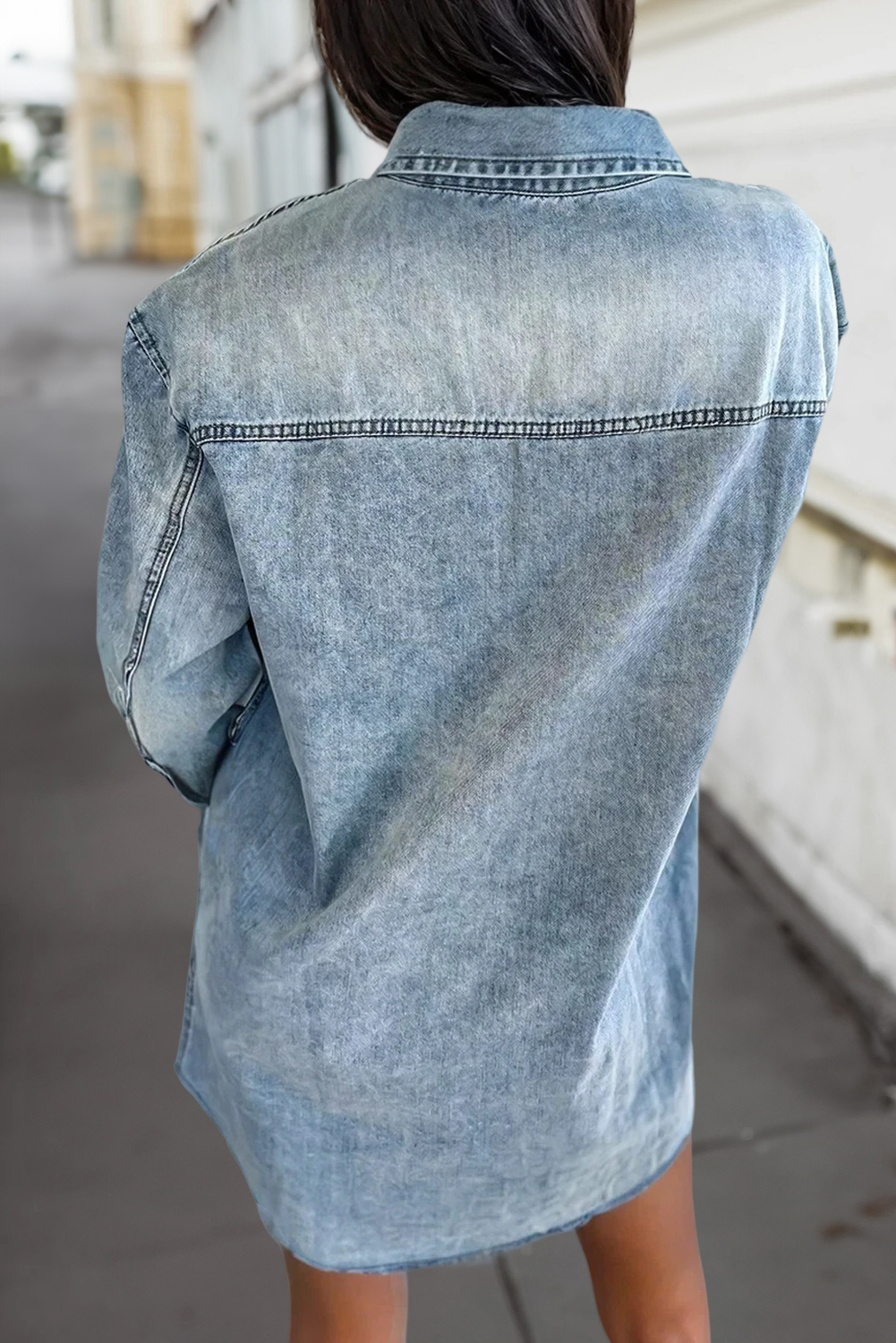 Chest Pocket Raw Hem Denim Shirt Dress | S-XL