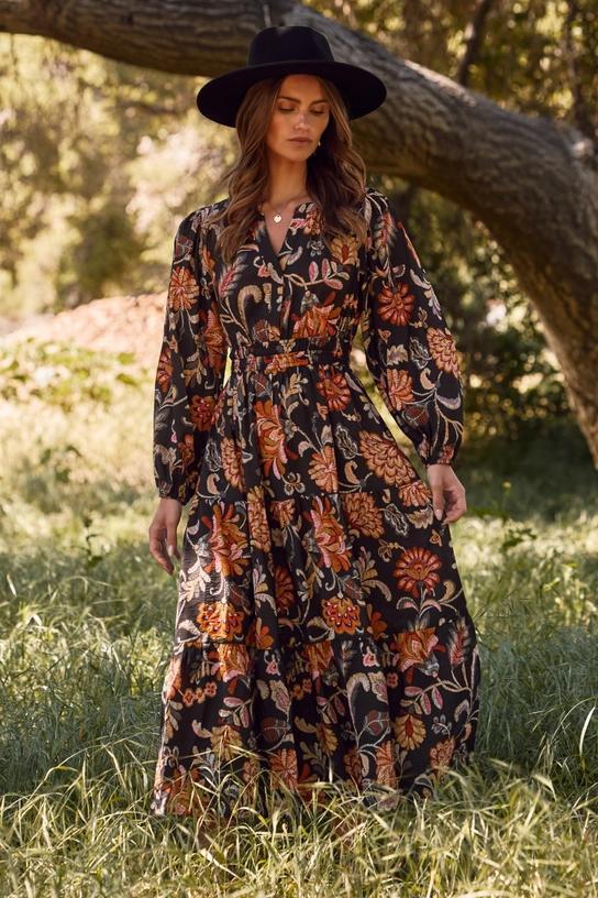 Plus Floral Printed Long Sleeve Midi Dress