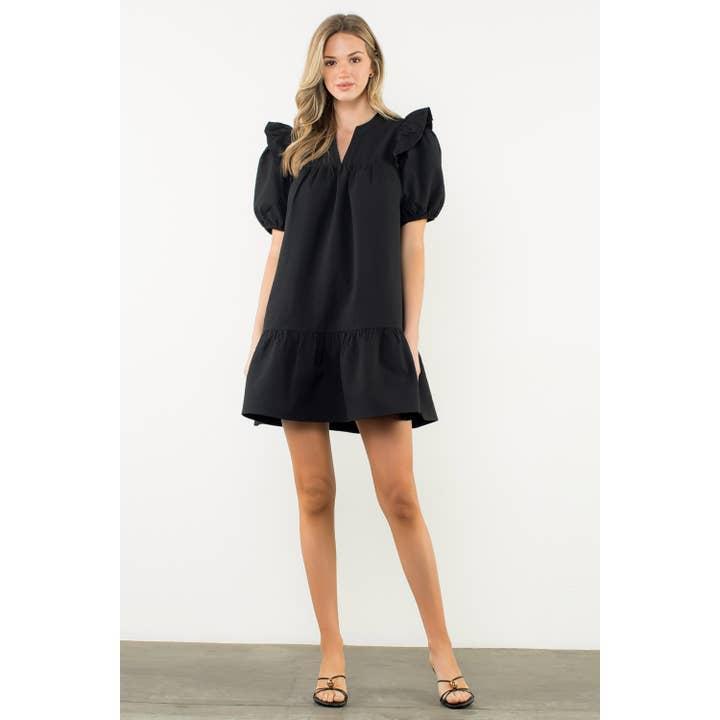 Notch Neck Ruffle Shoulder Puff Sleeve Dress
