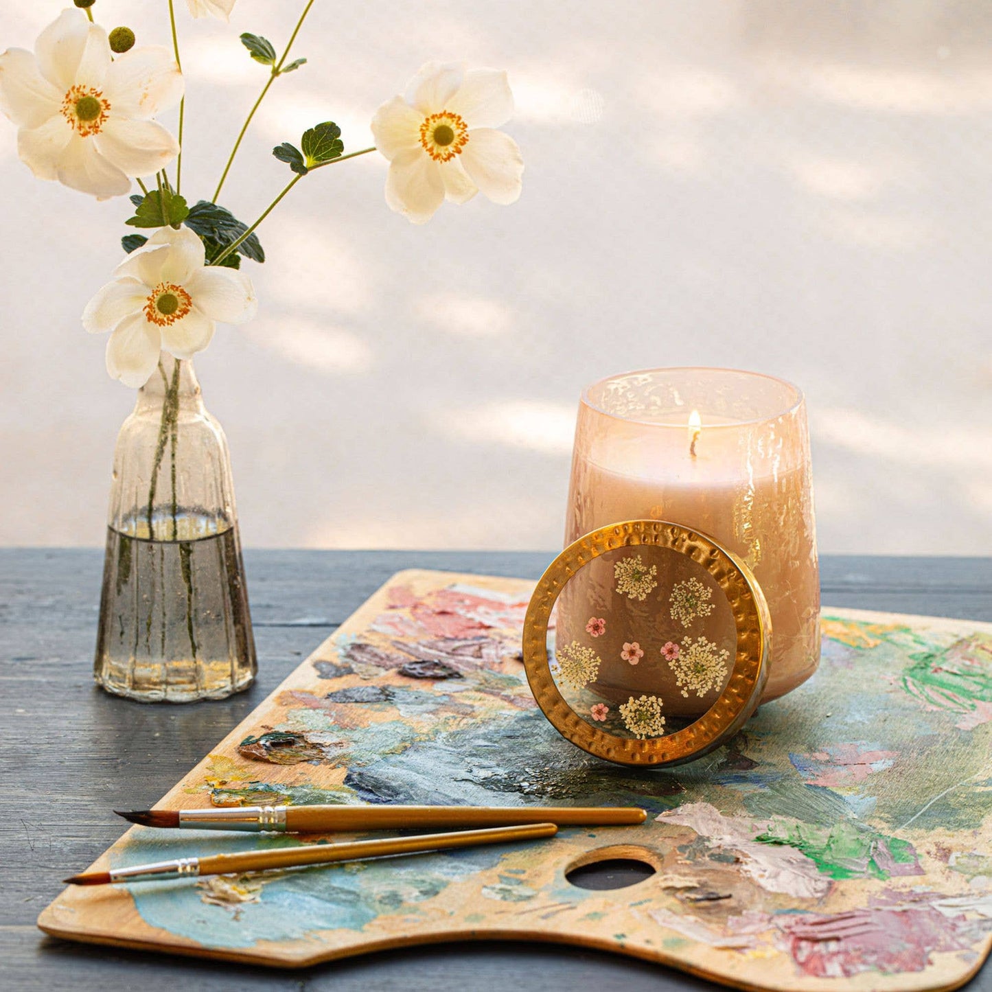 Rose + Oud Tall Watercolor Pressed Floral Candle