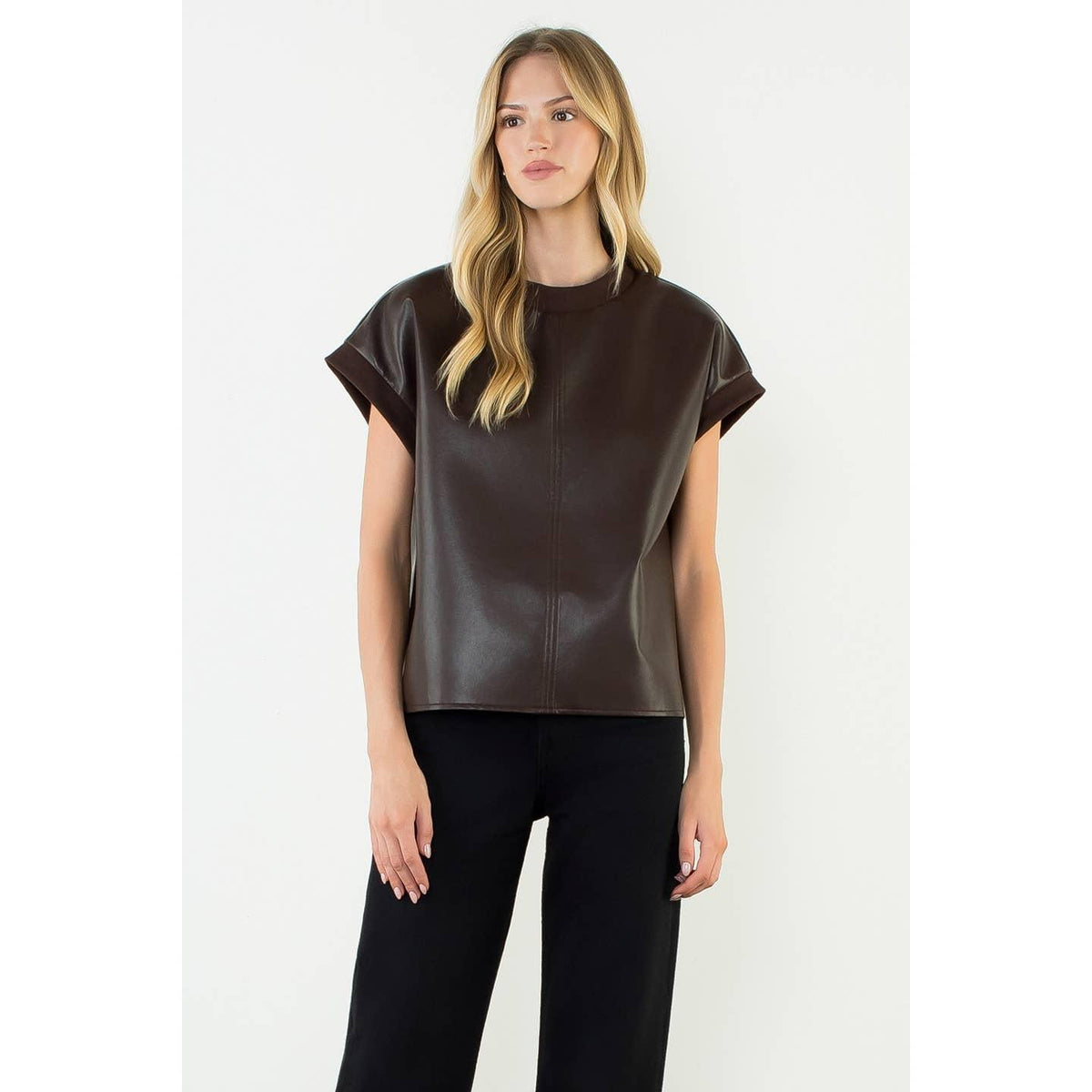 Leather Short Sleeve Crewneck Top