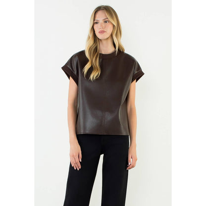 Leather Short Sleeve Crewneck Top
