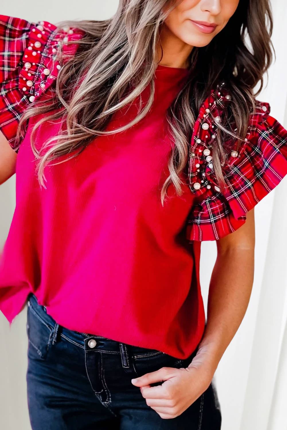 Red Plaid Pearl Ruffle Short Sleeve Christmas Blouse | S-XL