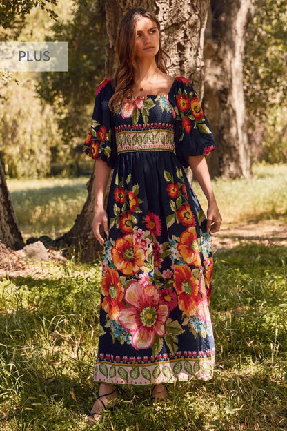 Plus Giant Floral Border Printed Maxi Dress