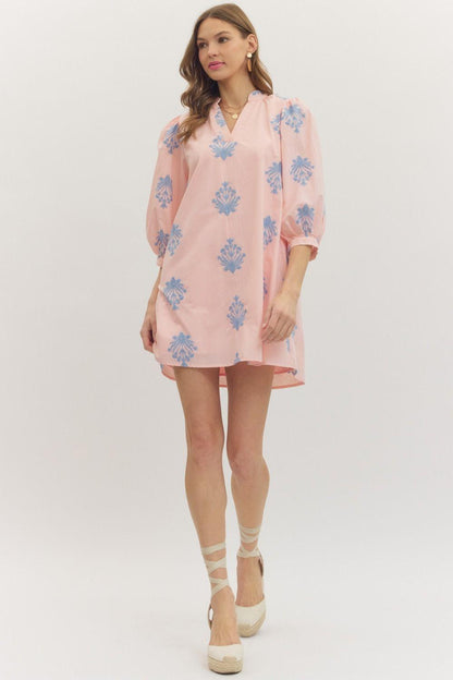 3/4 Puff Sleeve Embroidered Mini Dress