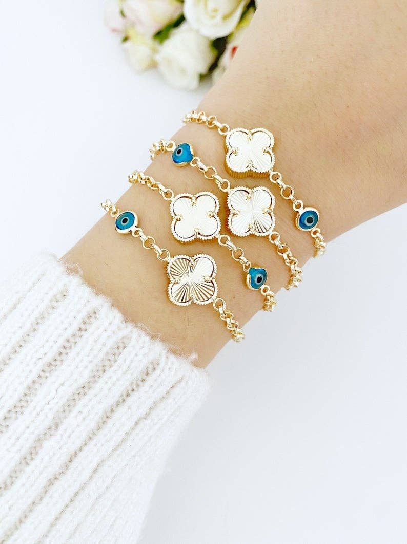 Gold Clover Bracelet, Blue Evil Eye Bead, Lucky Clover Charm, Good Luck