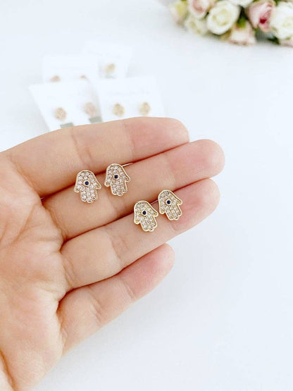 Hamsa Earrings, Hamsa Hand Stud Earrings, Evil Eye Earring, Zircon