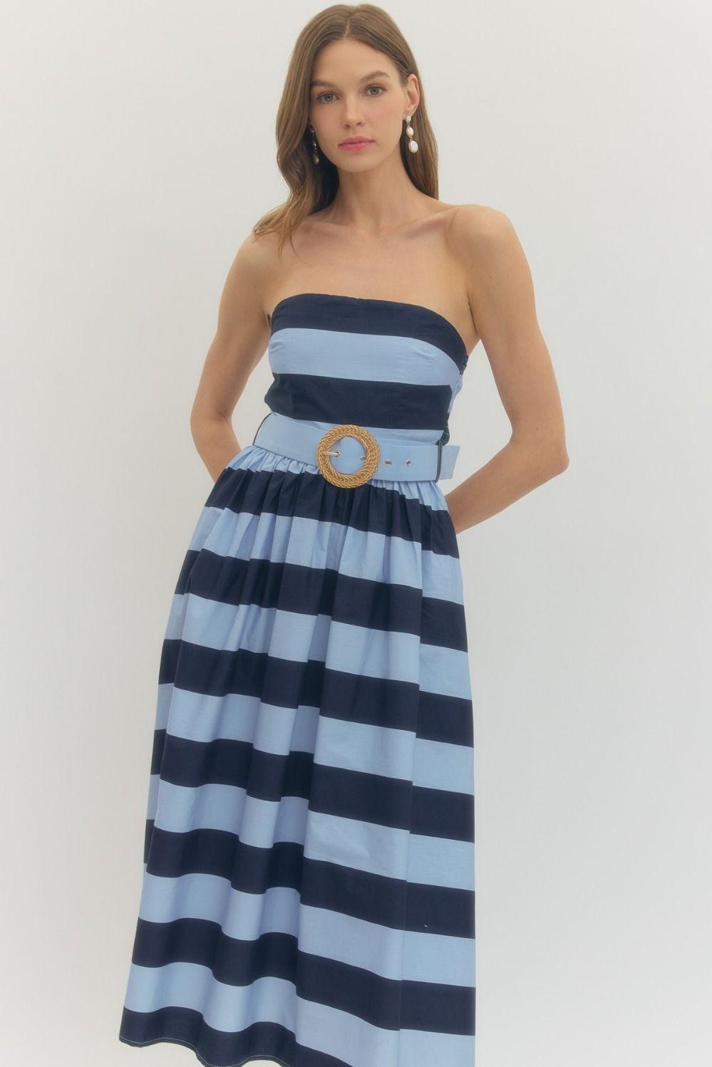 Striped Strapless Belted Midi Dress