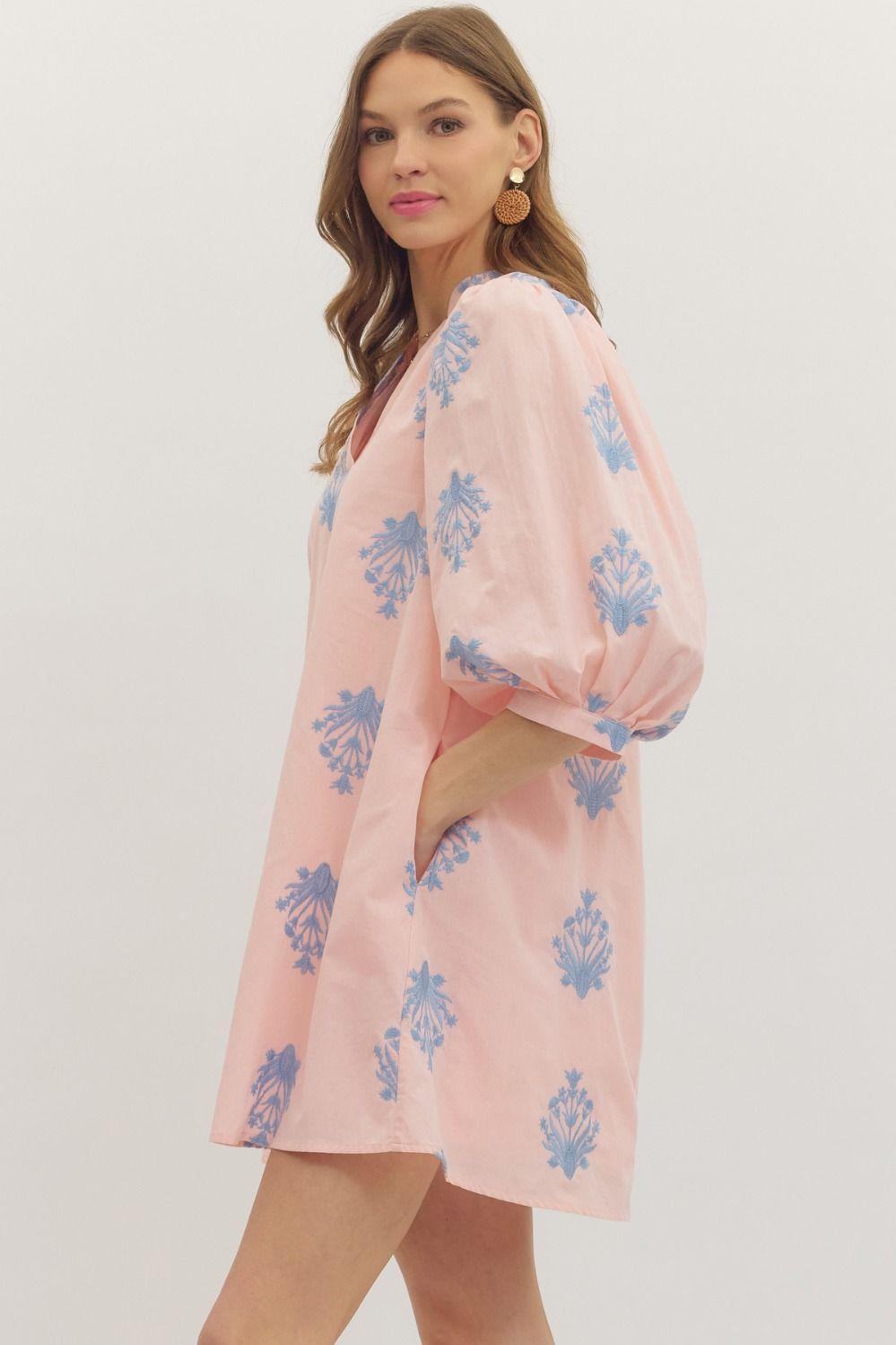 3/4 Puff Sleeve Embroidered Mini Dress