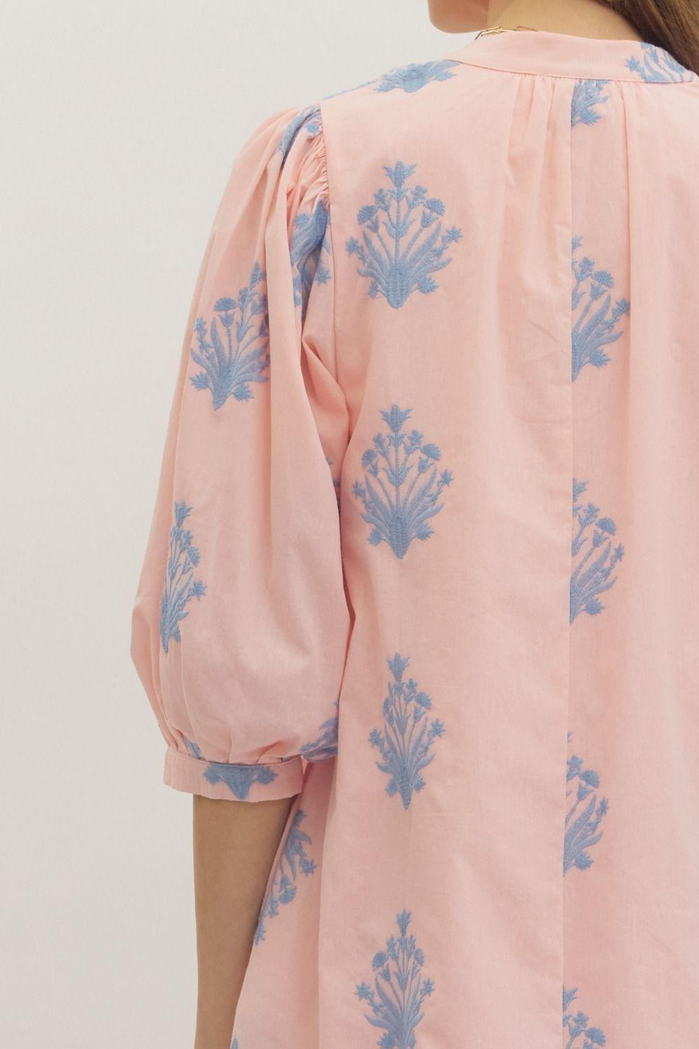 3/4 Puff Sleeve Embroidered Mini Dress