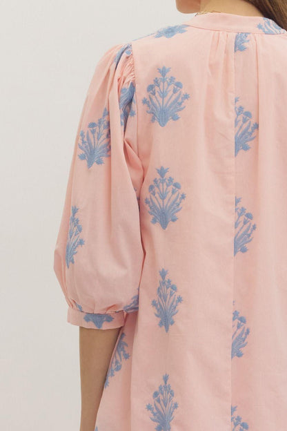 3/4 Puff Sleeve Embroidered Mini Dress