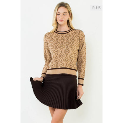 Bow Print Sweater With Button Shoulder Detail