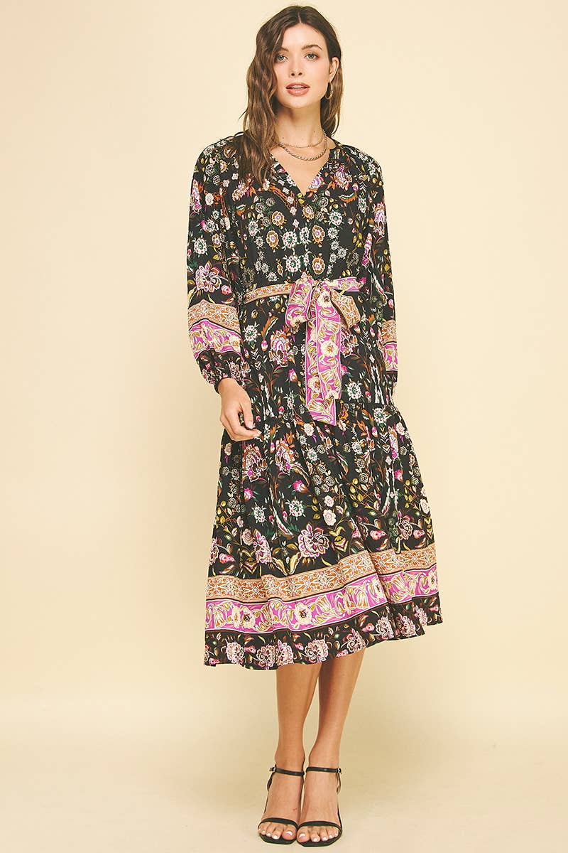 BORDER PRINT TIERED MIDI DRESS