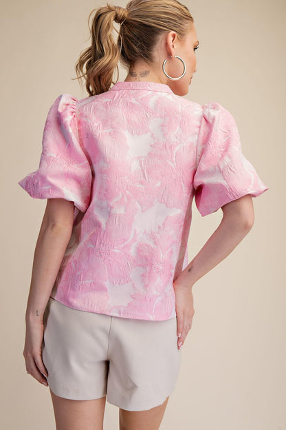 V-Neck Puff Sleeve Jacquard Top