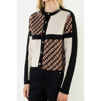 Geometric Pattern Cardigan With Gold Buttons