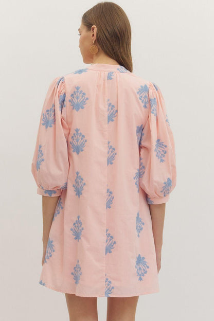 3/4 Puff Sleeve Embroidered Mini Dress