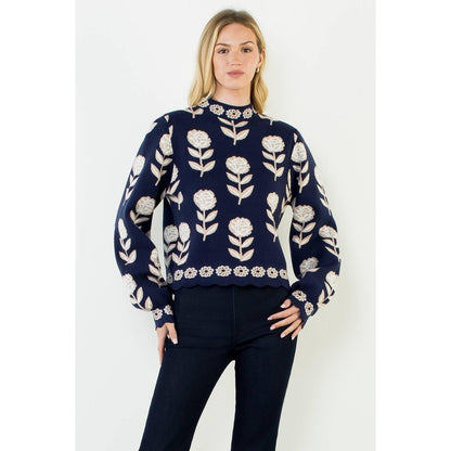 Flower Print Turtle Neck Sweater