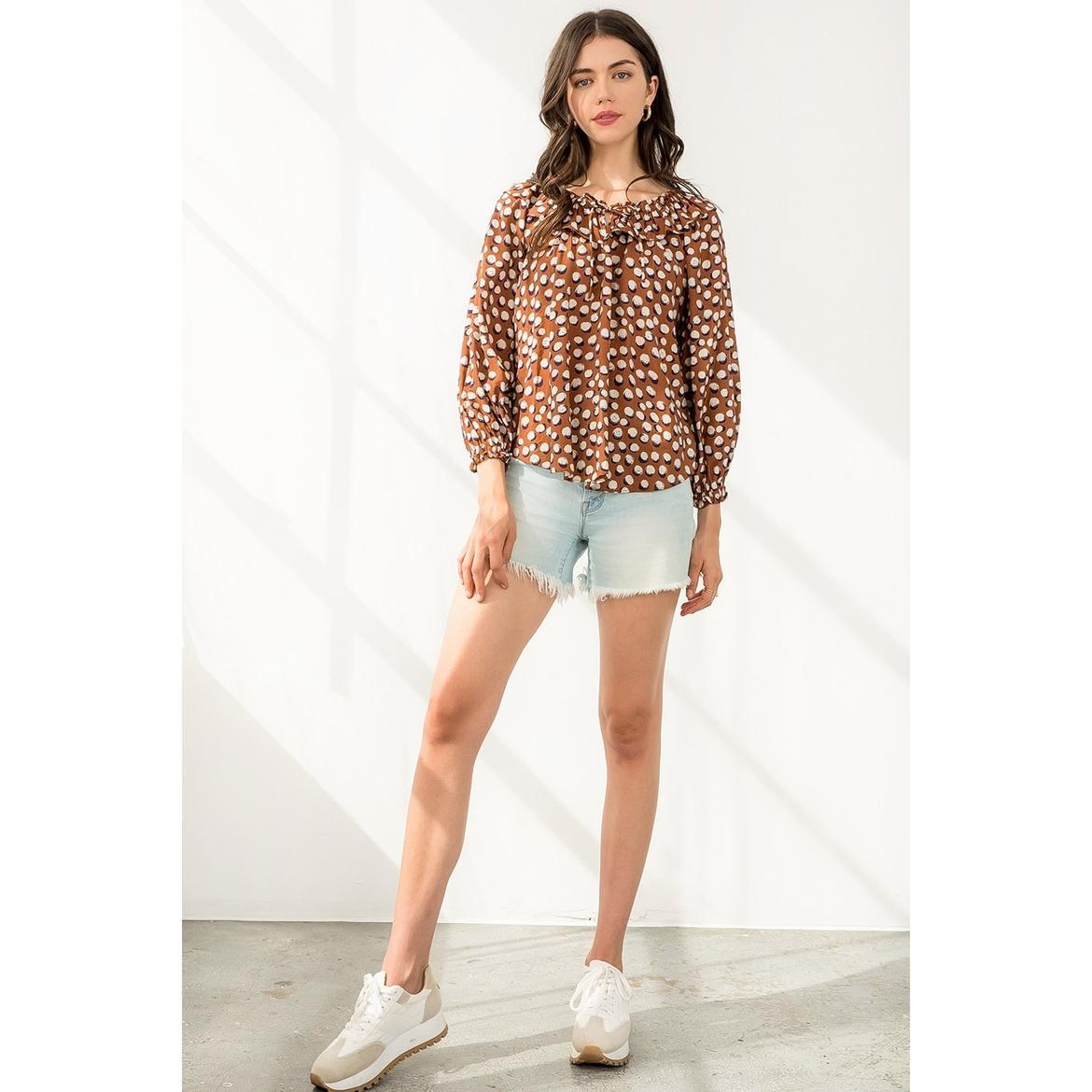 Ruffle Neck Rust Polka Dot Top with Long Sleeves