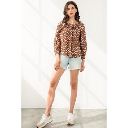 Ruffle Neck Rust Polka Dot Top with Long Sleeves