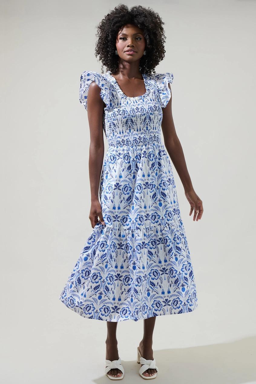Marisol Floral Giza Glare Smock Tiered Midi Dress