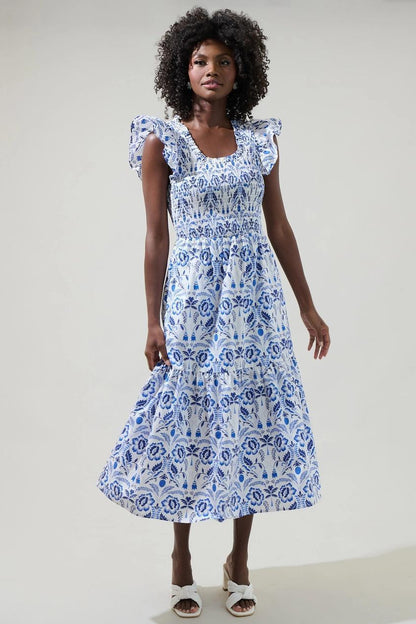 Marisol Floral Giza Glare Smock Tiered Midi Dress