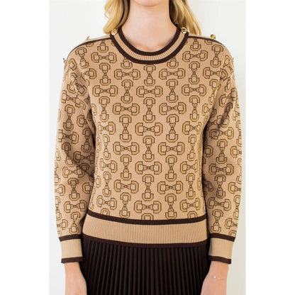 Bow Print Sweater With Button Shoulder Detail