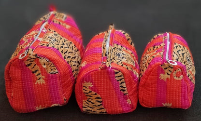 Pink & Orange Tiger Cotton Quilted Makeup Bag/Cosmetic Bag