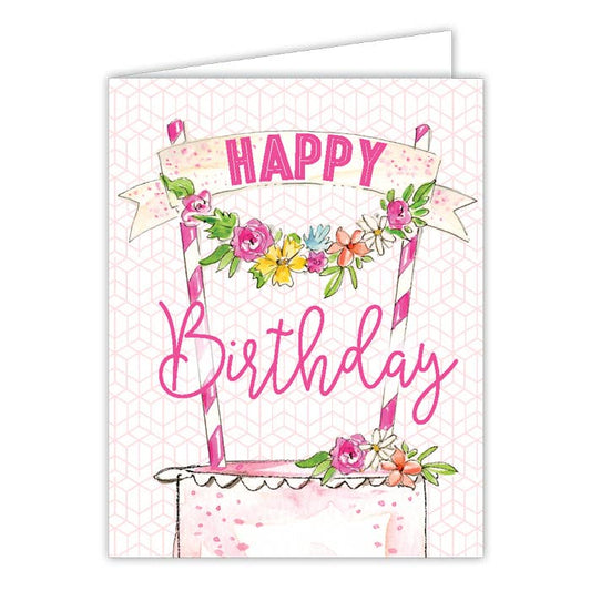 Happy Birthday Banner on Cake with Flowers Greeting Card