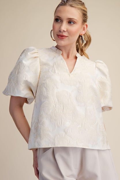 V-Neck Puff Sleeve Jacquard Top