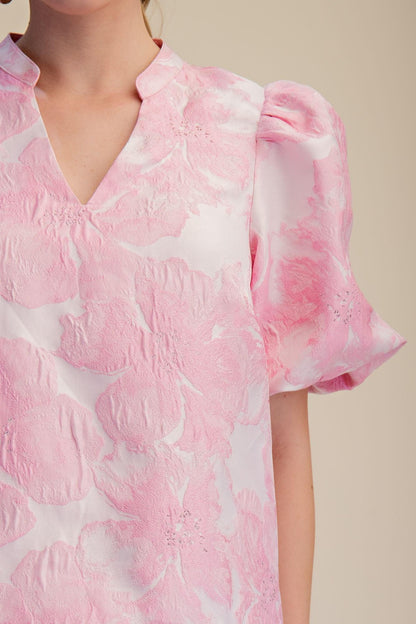 V-Neck Puff Sleeve Jacquard Top