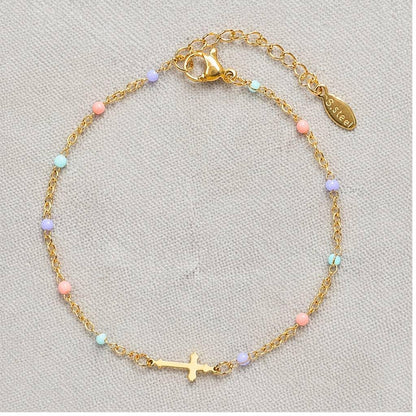 Colorful Enamel Bead and Cross Stainless Steel Bracelet