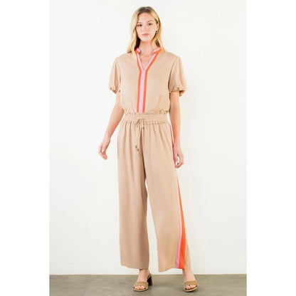 Puff Sleeve Stripe Detail V-Neck Top