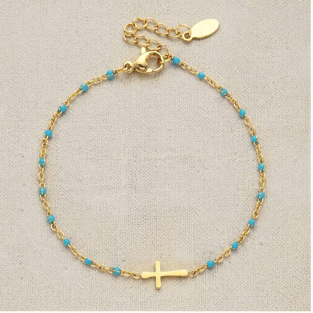 Colorful Enamel Bead and Cross Charm Bracelet