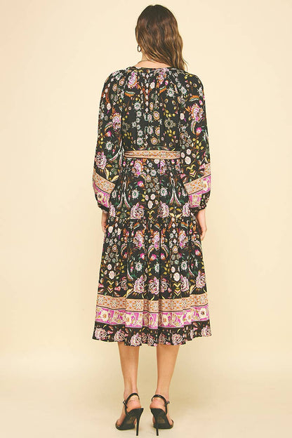 BORDER PRINT TIERED MIDI DRESS