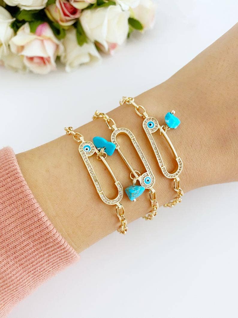 Evil Eye Bracelet, Safety Pin Bracelet, Gold Chain Bracelet