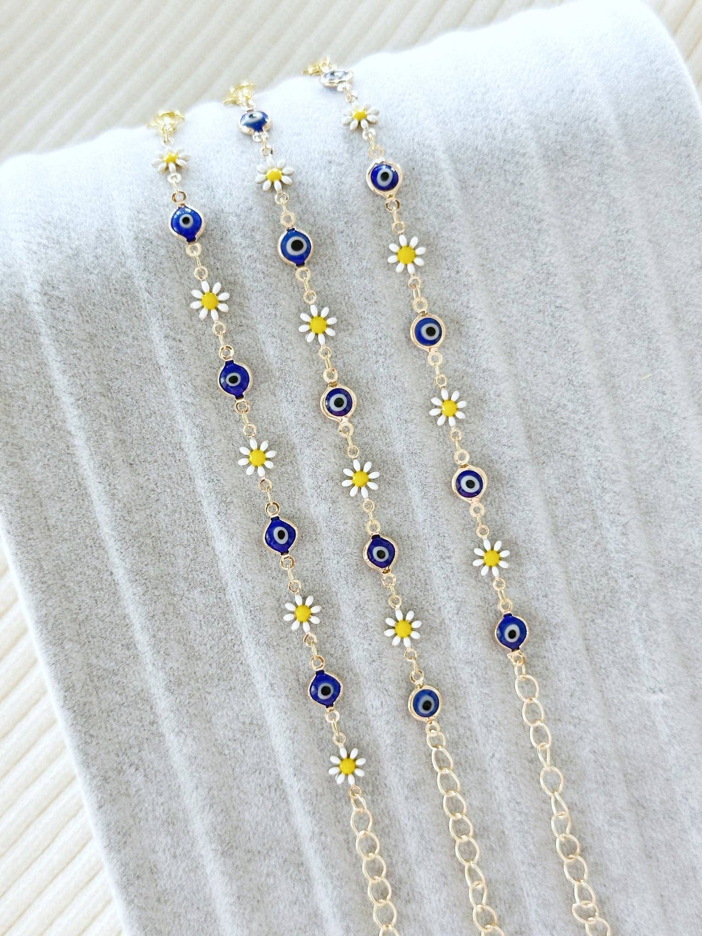 Gold Daisy Flower Bracelet with Evil Eye