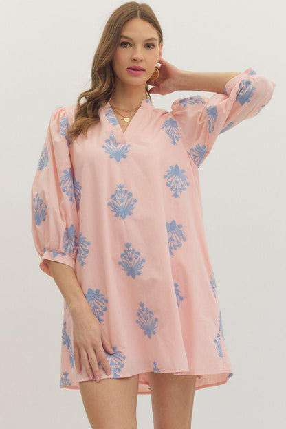 3/4 Puff Sleeve Embroidered Mini Dress