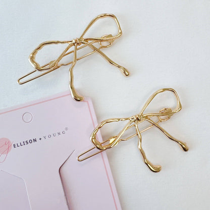 Wobbly Gold Metal Bow Hair Clip Set Of 2