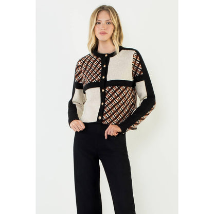 Geometric Pattern Cardigan With Gold Buttons