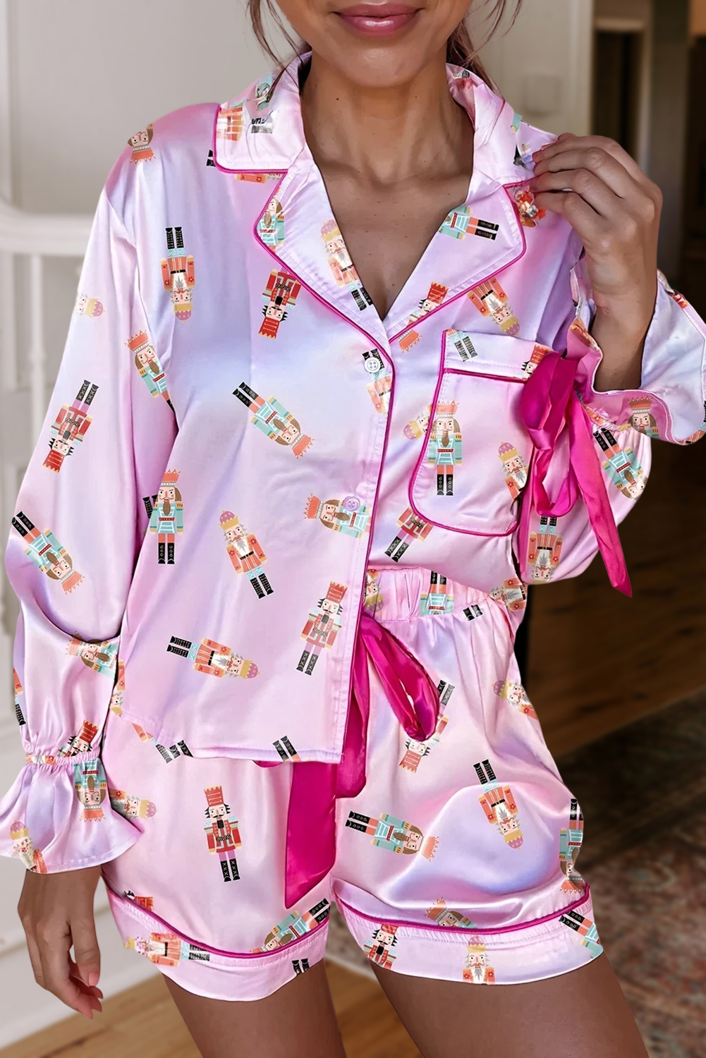 Christmas Print Bow Knot Silky 2pcs Pajama Shorts Set | S-XL