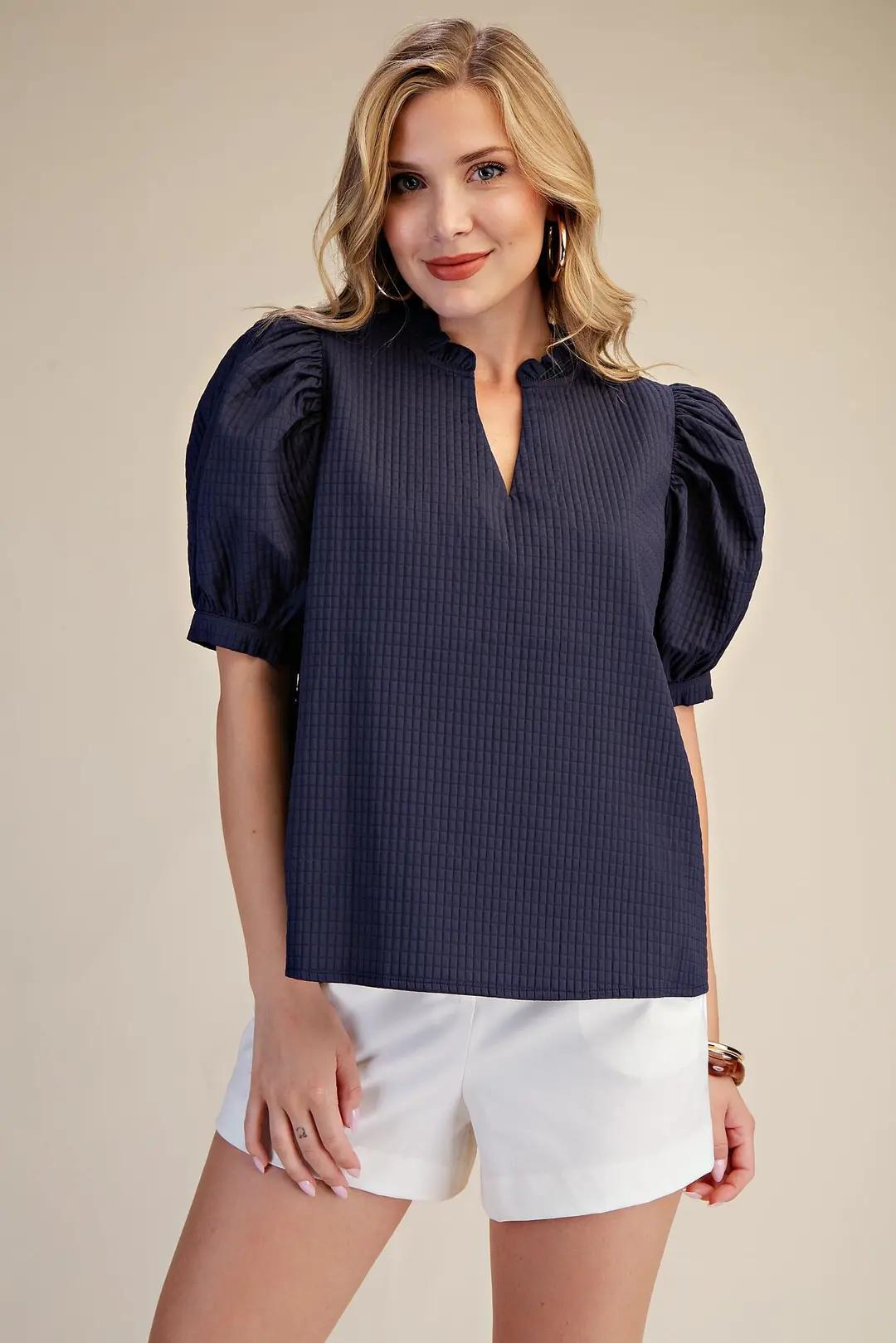 Ruffle V-Neck Puff Sleeve Top