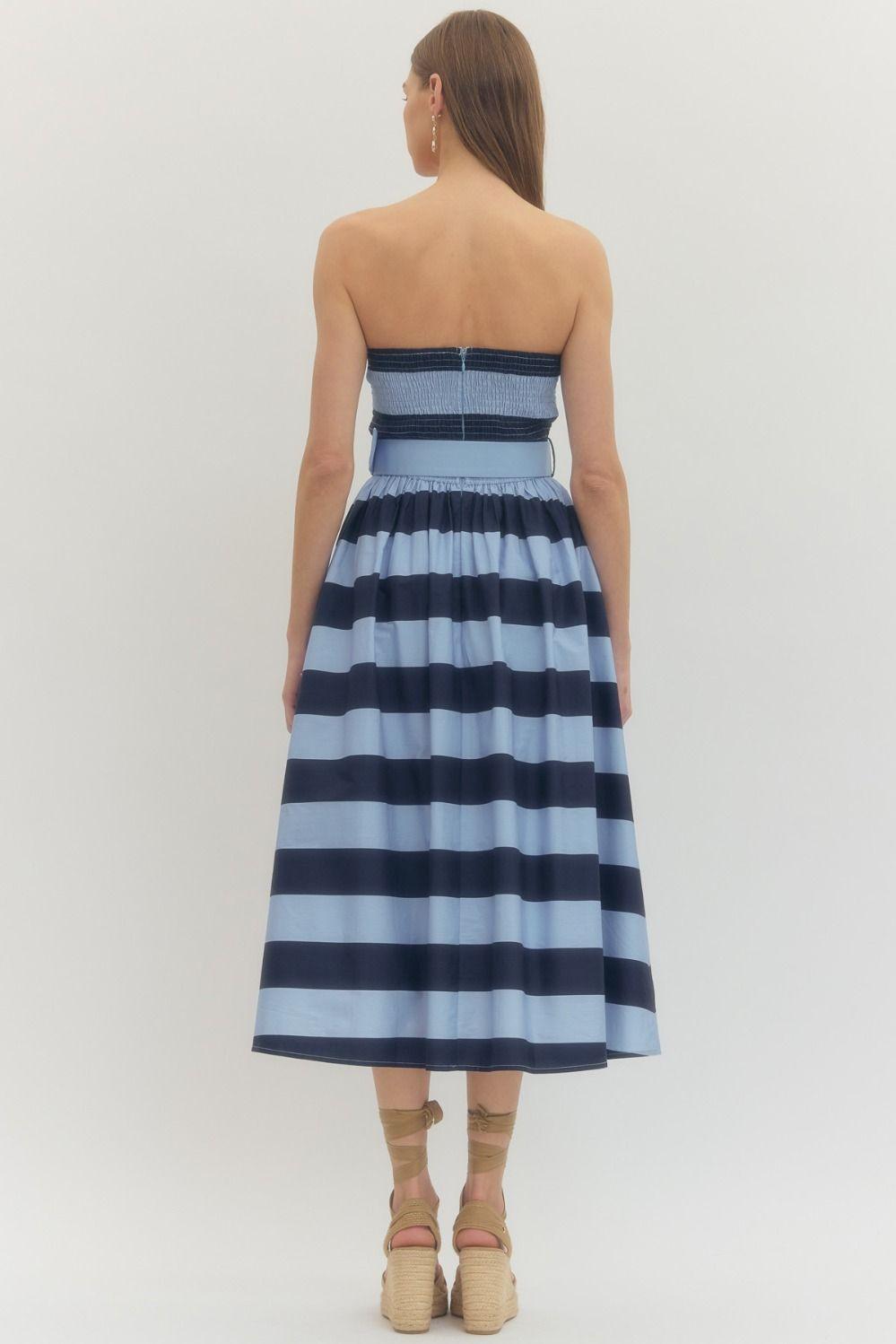 Striped Strapless Belted Midi Dress