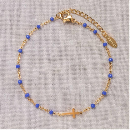 Colorful Enamel Bead and Cross Stainless Steel Bracelet