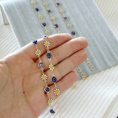 Gold Daisy Flower Bracelet with Evil Eye