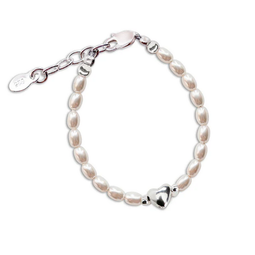 Sterling Silver Simulated Pearl Bracelet with Puff Heart for Kids