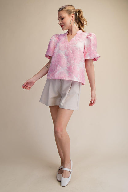 V-Neck Puff Sleeve Jacquard Top