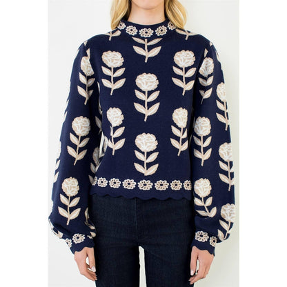 Flower Print Turtle Neck Sweater