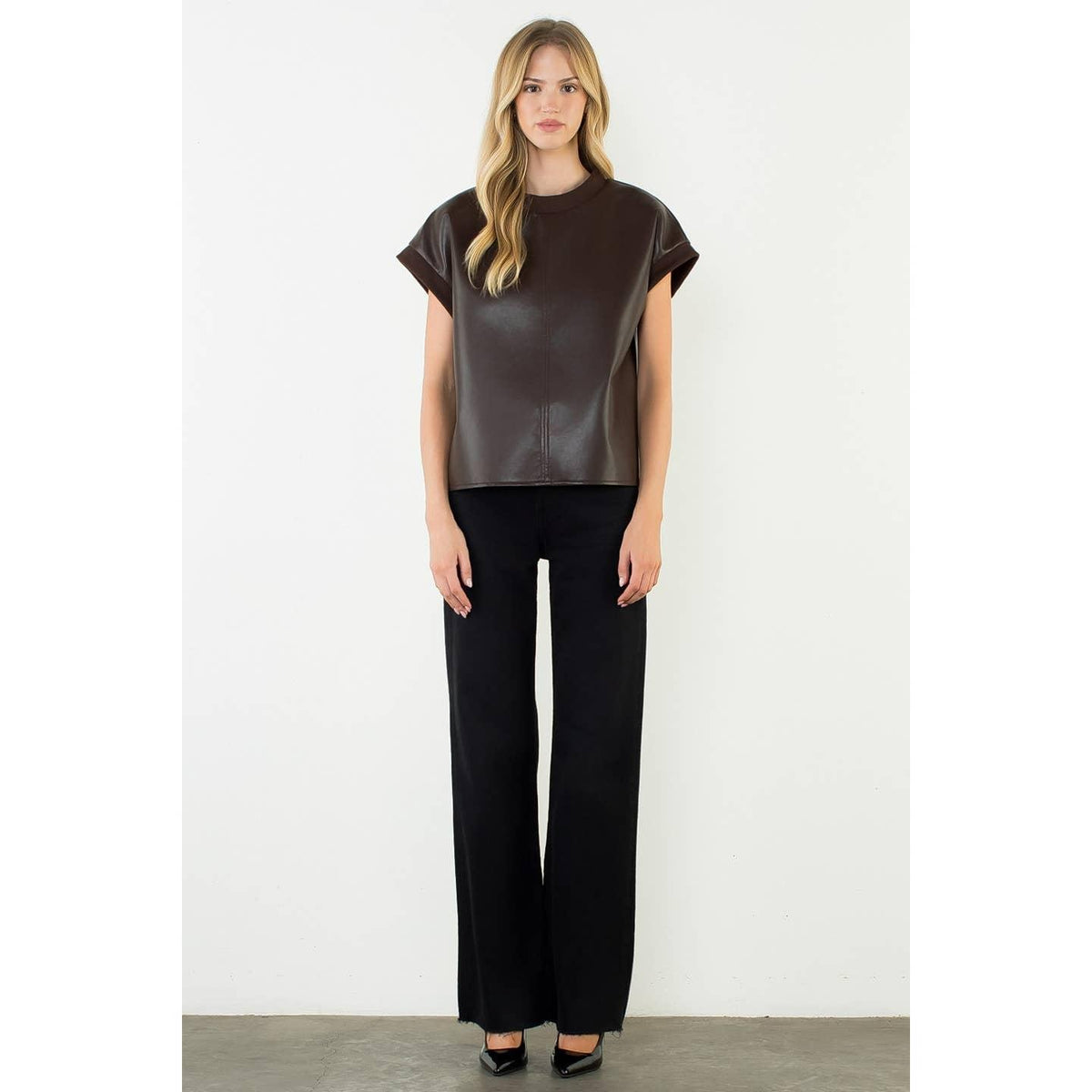 Leather Short Sleeve Crewneck Top